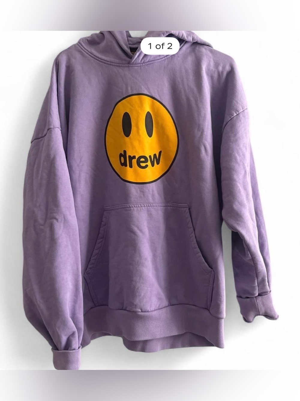 drew house lavender hoodie with yellow logo tag
